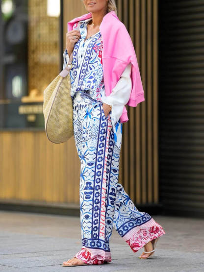 Unique Ethnic Print Loose Button-Up Shirt