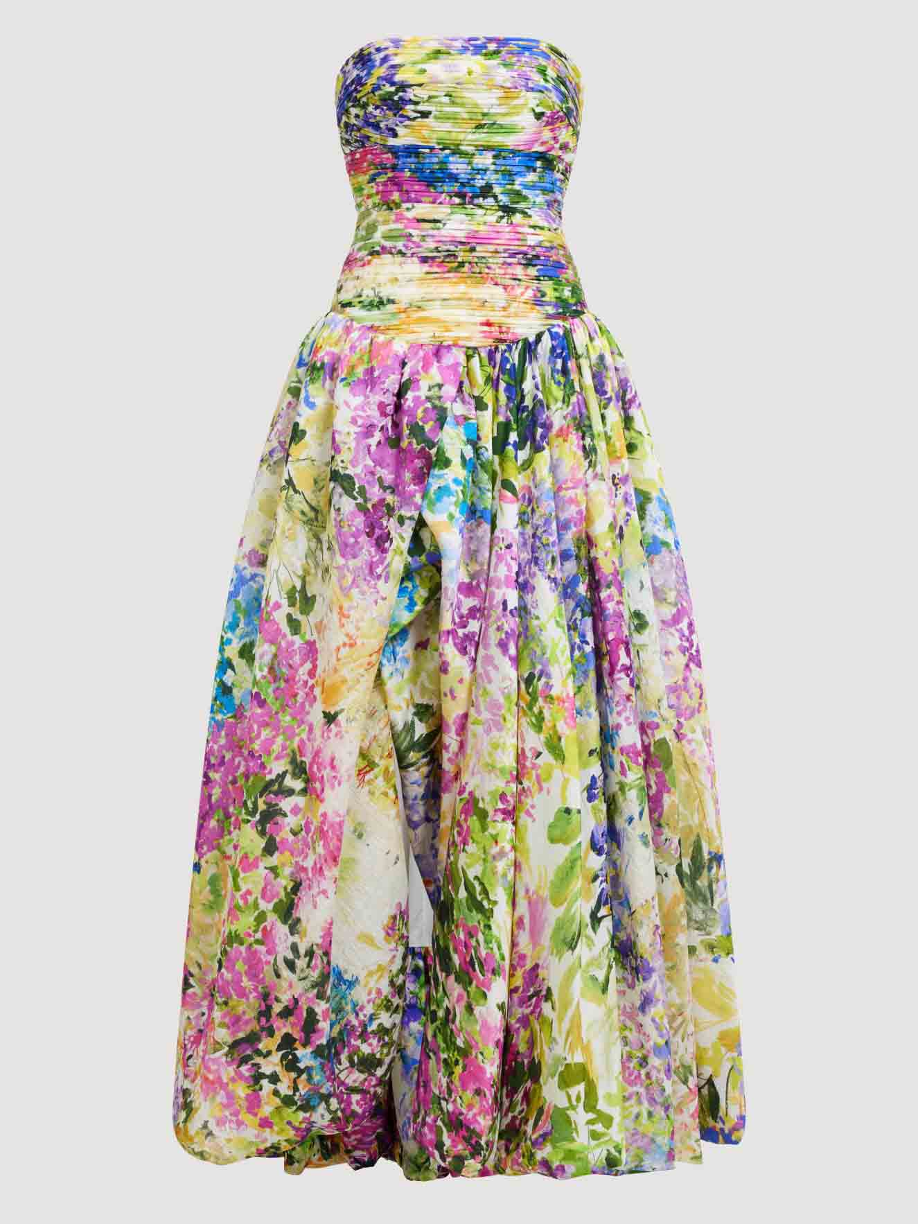 Elegant Strapless Floral Print High-Low Maxi Dress