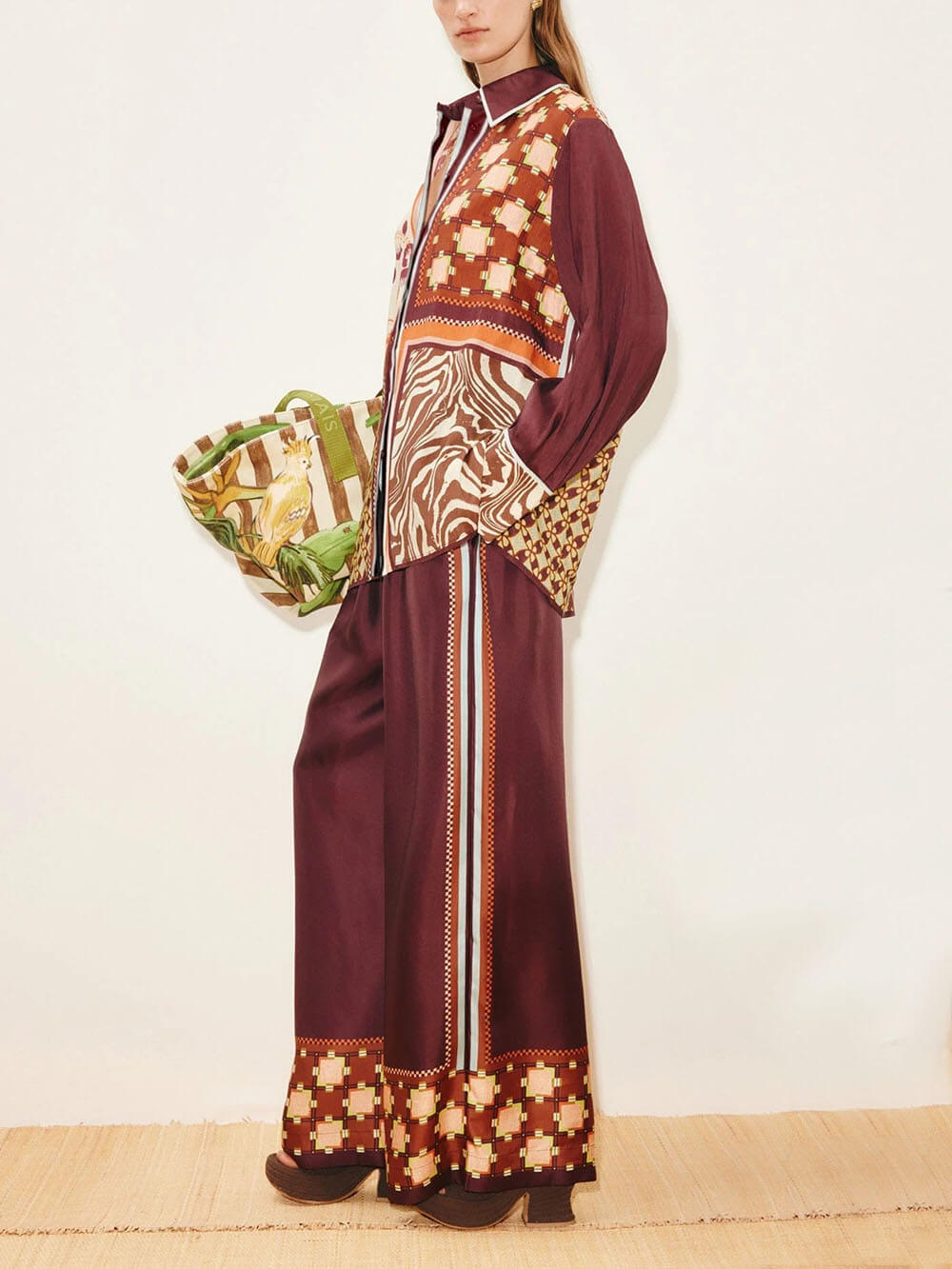 Unique Paisley Color-Block Satin Shirt And Elastic Waist Wide-Leg Pants Set