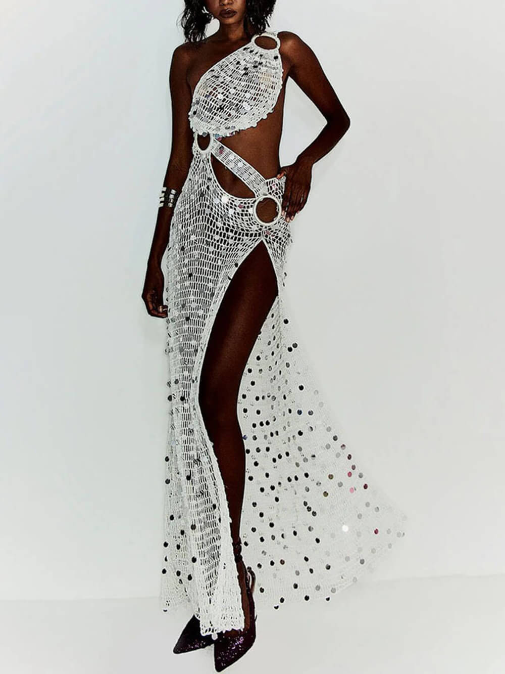 Sexy White Knit Cutout Sequin One-Shoulder Ring-Detail Slit Cover-Up Maxi Dress