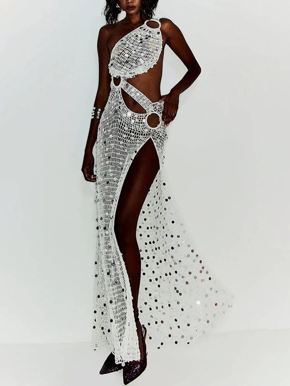Sexy White Knit Cutout Sequin One-Shoulder Ring-Detail Slit Cover-Up Maxi Dress