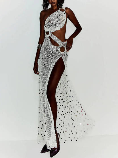 Sexy White Knit Cutout Sequin One-Shoulder Ring-Detail Slit Cover-Up Maxi Dress