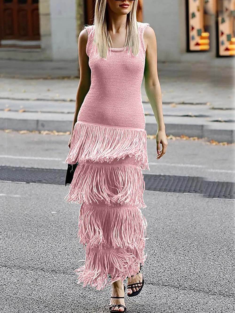 Elegant Solid Color Sleeveless Slim Fit Fringed Hem Knitted Maxi Dress