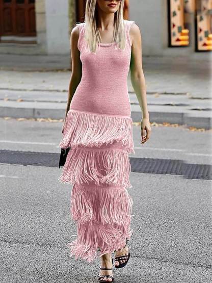 Elegant Solid Color Sleeveless Slim Fit Fringed Hem Knitted Maxi Dress