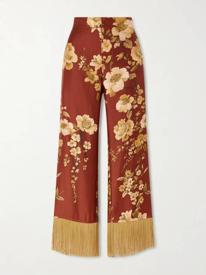 Exquisite Tassel Floral Print Satin Twill Wide-Leg Pants