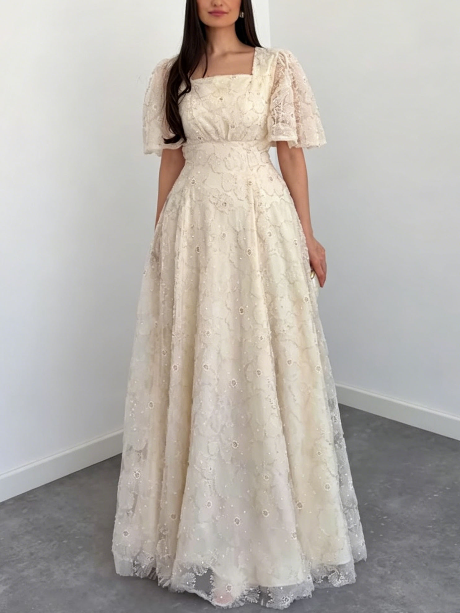 Elegant Square Neck Sheer Tulle Floral Embroidered Maxi Dress