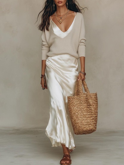 Elegant Knit V-Neck Sweater & Satin Slip Dress Two-Piece Set