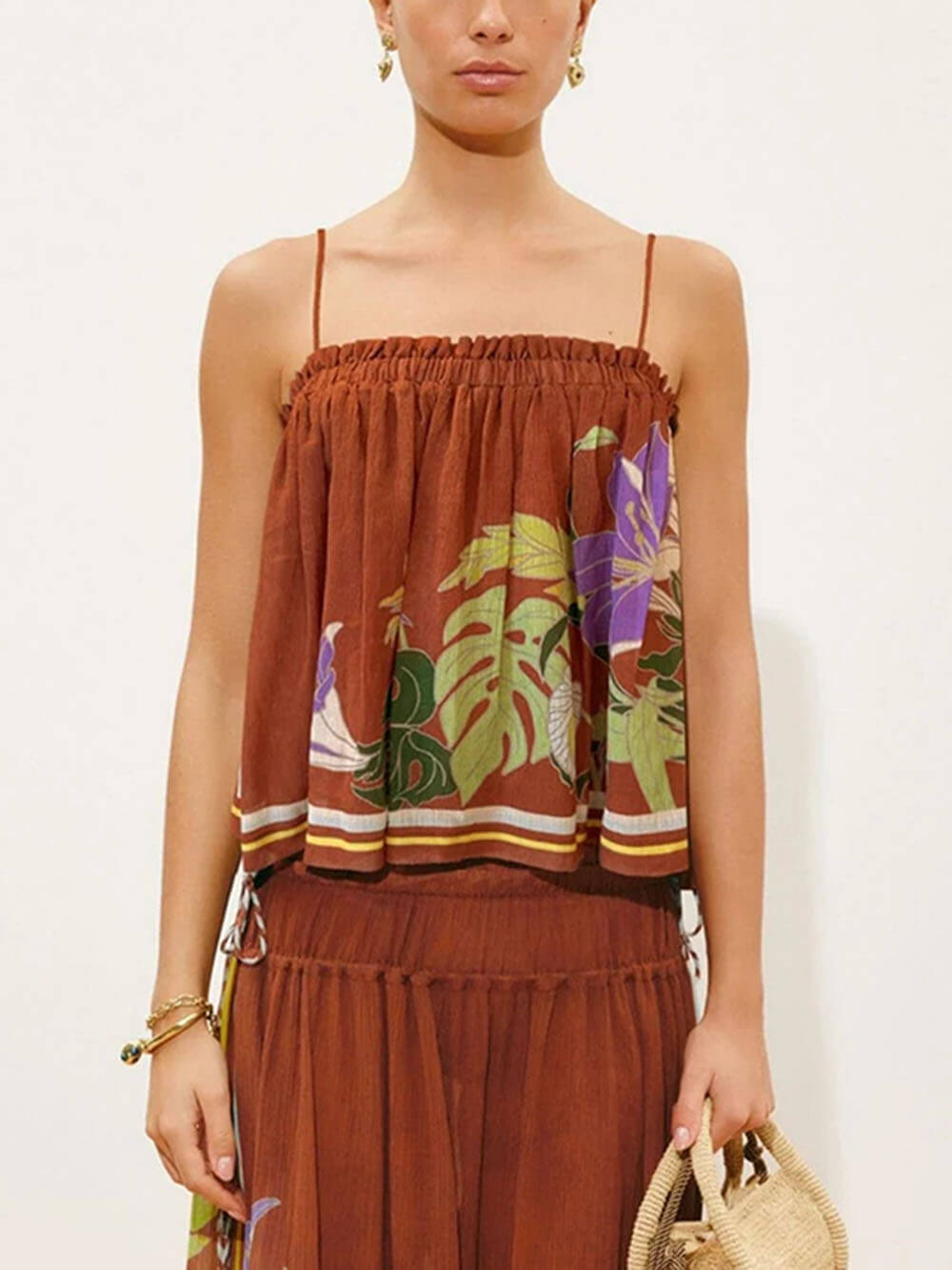 Delicate Ruffle Printed Ruched Adjustable Straps Camisole Top