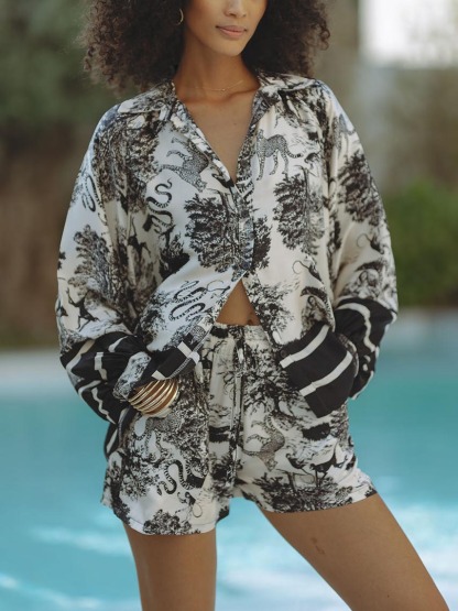 Satin Jungle Floral Print Loose Shorts Two-Piece Set