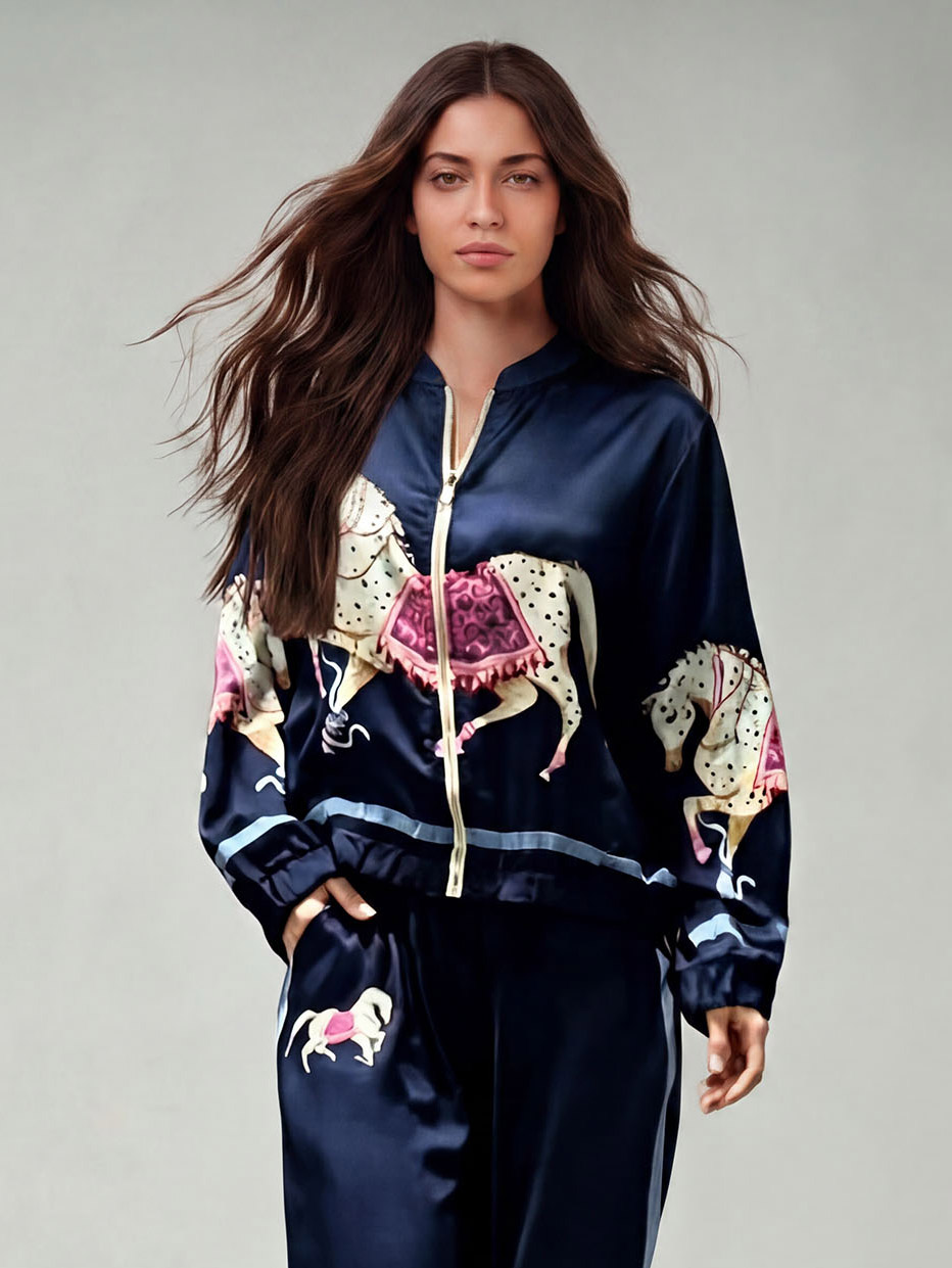 Exquisite Satin Horse Print Zip-Up Shirt