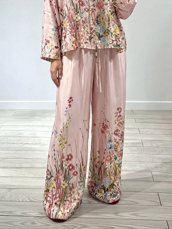 Elegant Floral Print Satin Wide Leg Pants