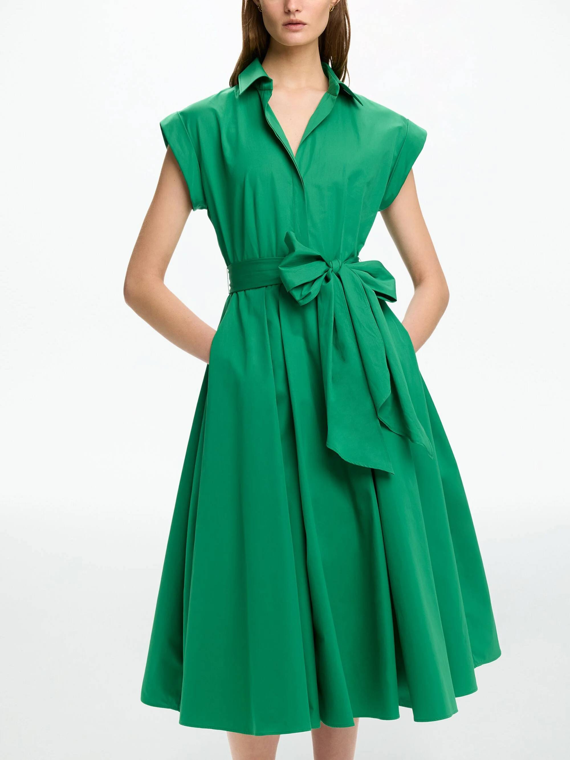 Short-Sleeved Belt Midi Shirt Dress