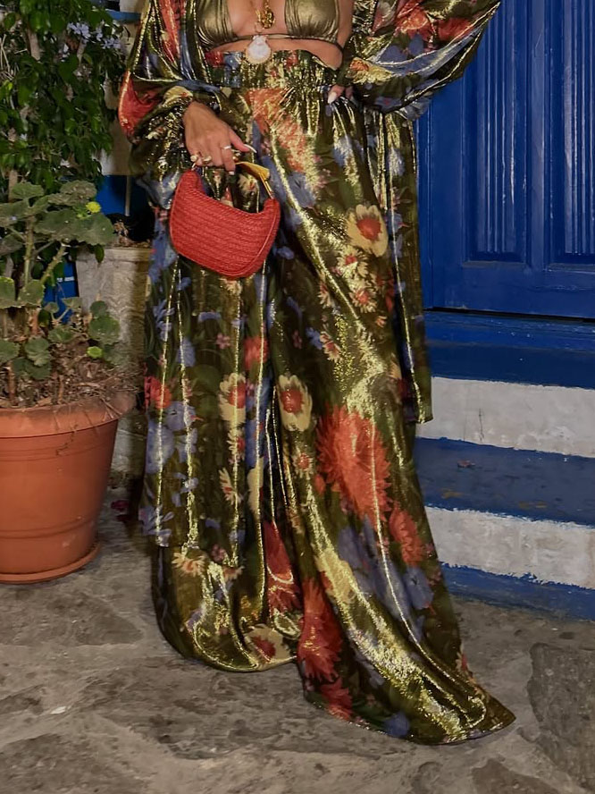 Unique Floral Print Satin Wide-leg Pants