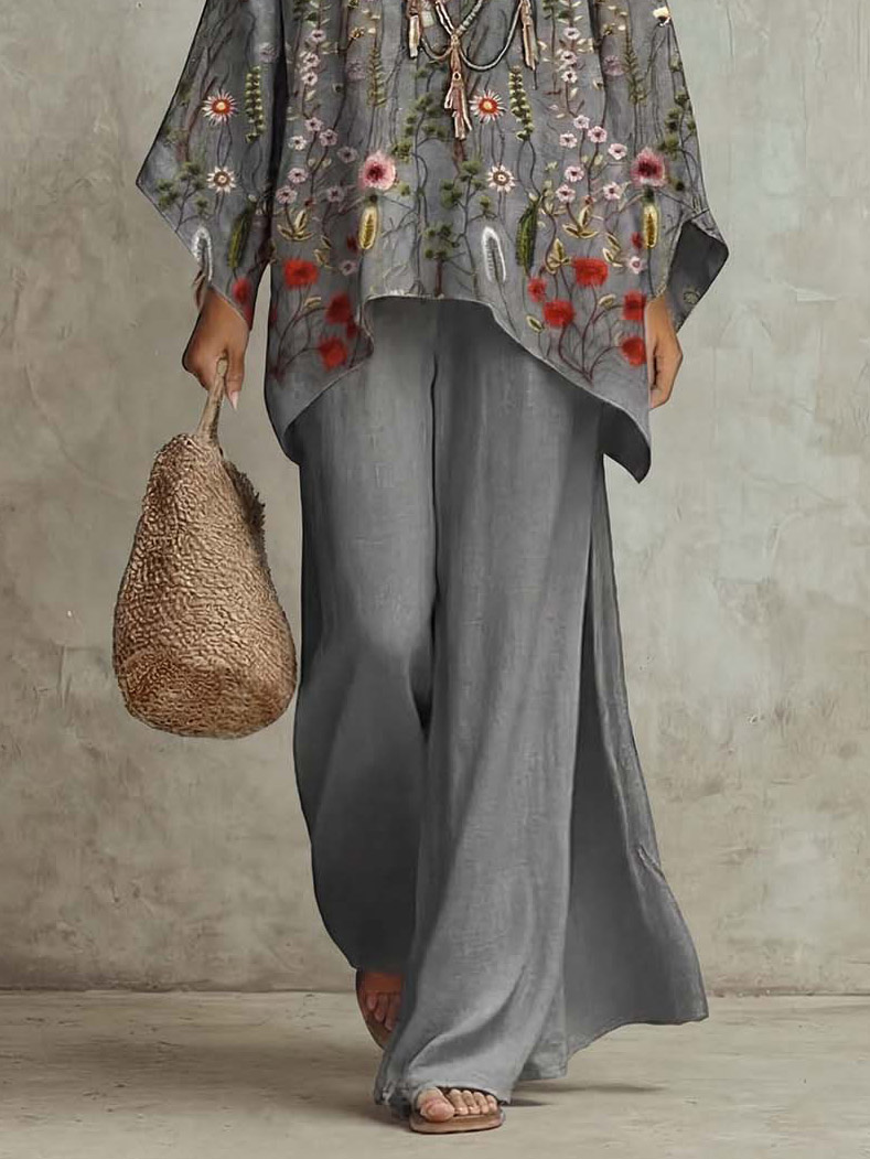 Retro Print Bohemian Batwing Sleeve Shirt & Pants Two-Piece Set