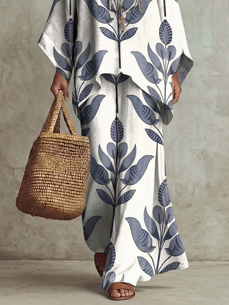 Casual Leaf Print Batwing Sleeve Loose Two-Piece Set