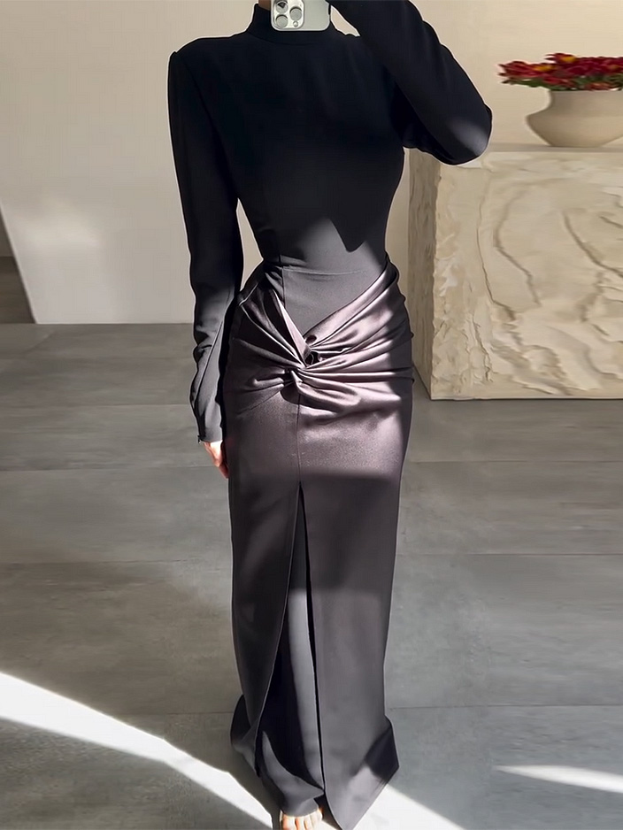 Elegant High Neck Twist Slit Maxi Dress