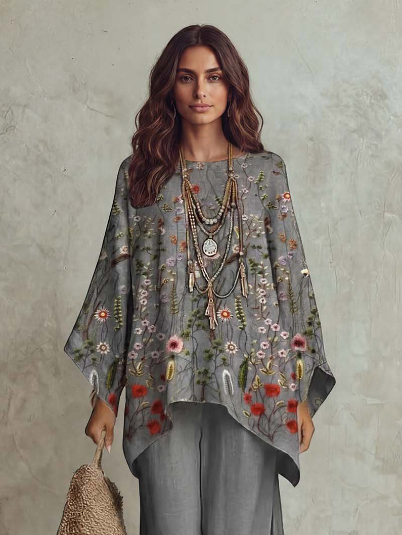 Retro Print Bohemian Batwing Sleeve Shirt & Pants Two-Piece Set