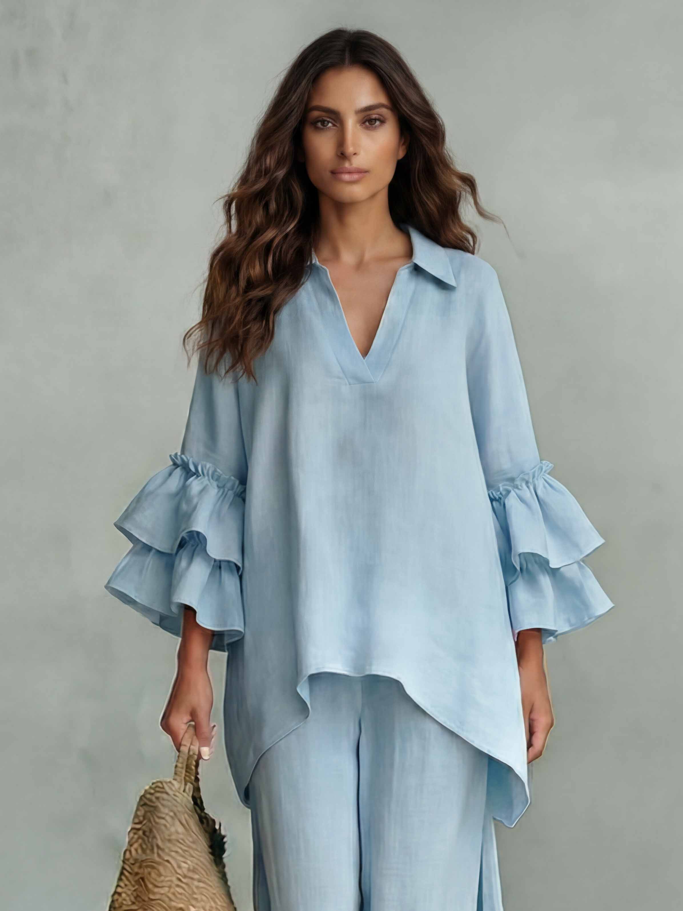Casual Ruffle Sleeve V-Neck Top & High Waist Wide Leg Pants Set