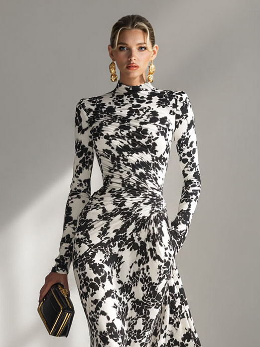 Casual Abstract Print High-Neck Pleated Mermaid Maxi Dress