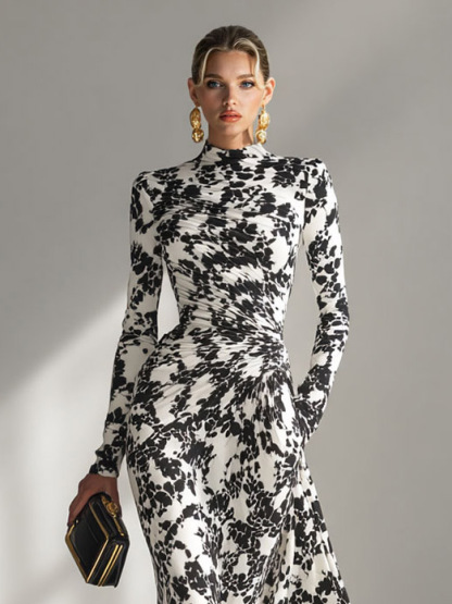 Casual Abstract Print High-Neck Pleated Mermaid Maxi Dress