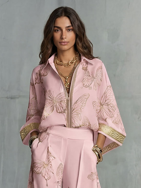 Elegant Butterfly Print Wide-Leg Pants