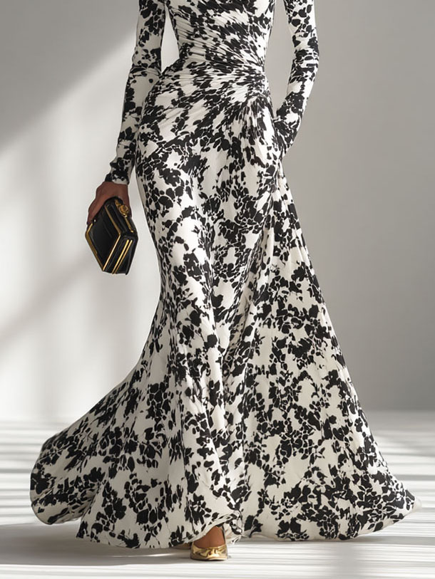 Casual Abstract Print High-Neck Pleated Mermaid Maxi Dress