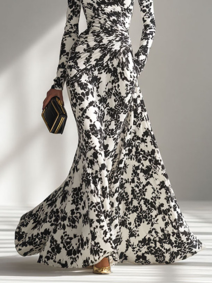 Casual Abstract Print High-Neck Pleated Mermaid Maxi Dress