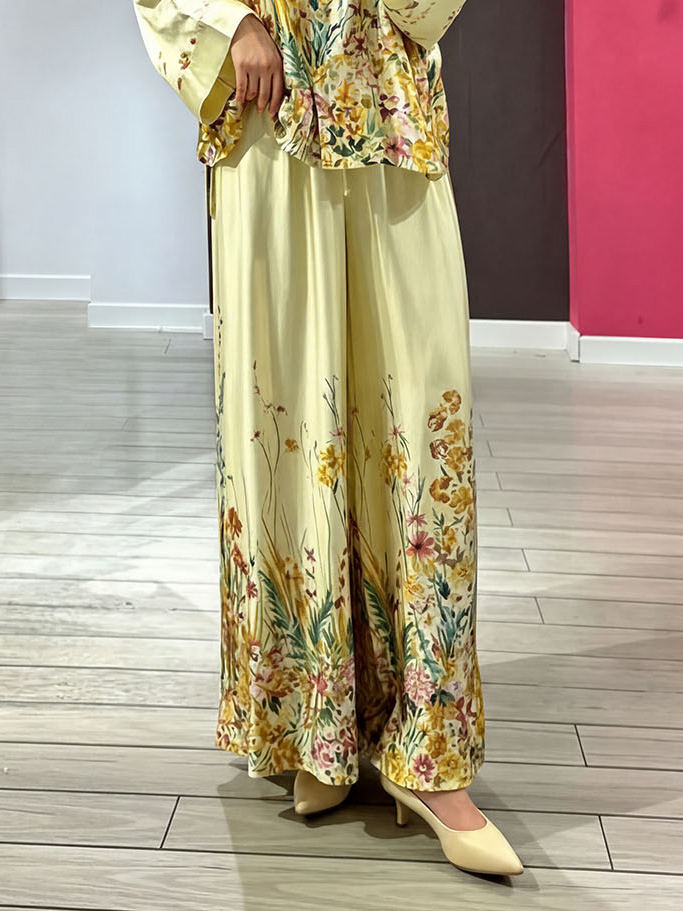 Elegant Floral Print Satin Wide Leg Pants