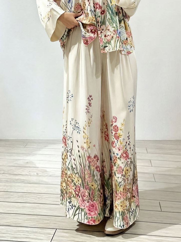 Elegant Floral Print Satin Wide Leg Pants