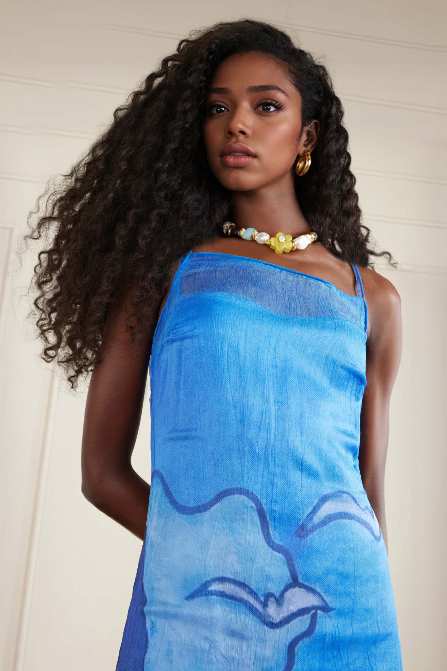 Retro Pleated Print Chiffon Slip Maxi Dress