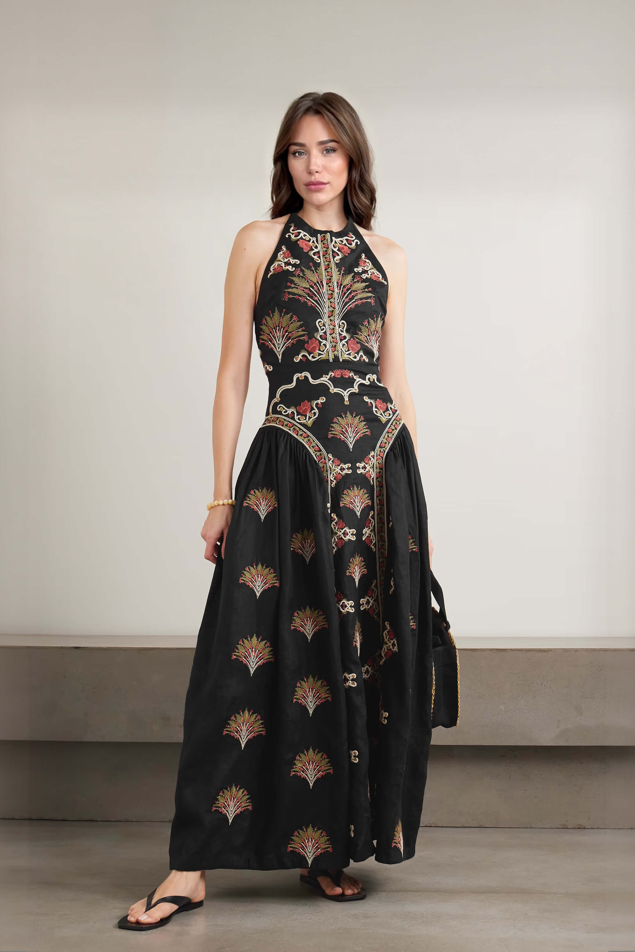 Retro Pleated Print Linen Backless Maxi Dress