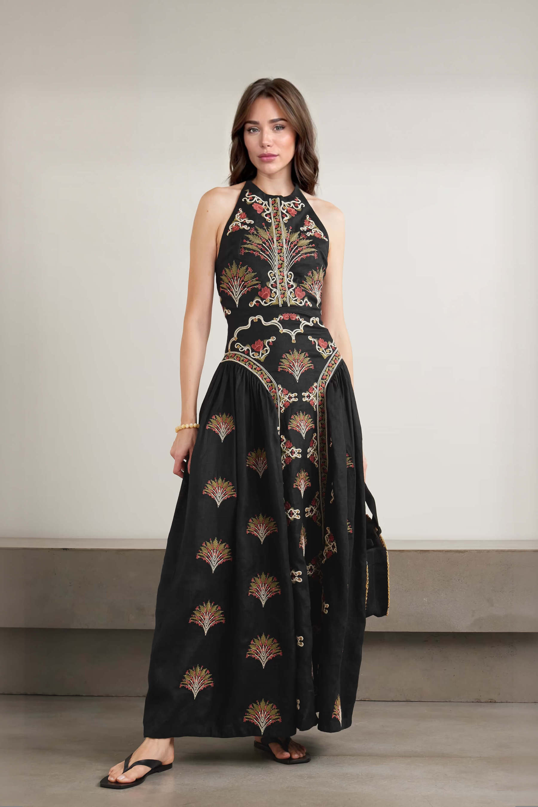 Retro Pleated Print Linen Backless Maxi Dress