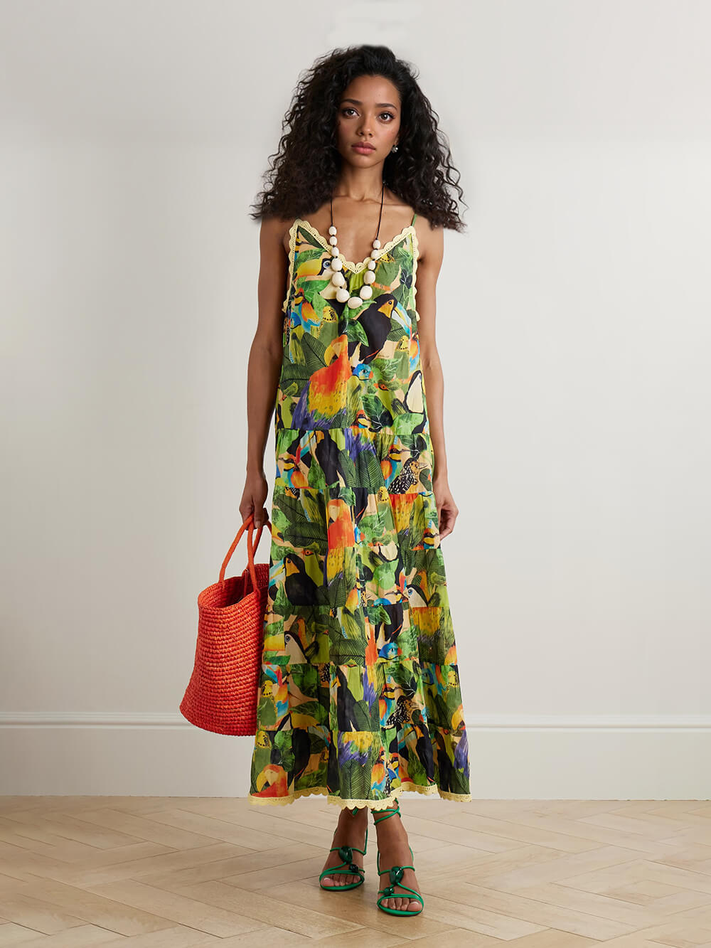 Retro Unique Bird and Leaf Pattern Print Lace Trim Maxi Dress