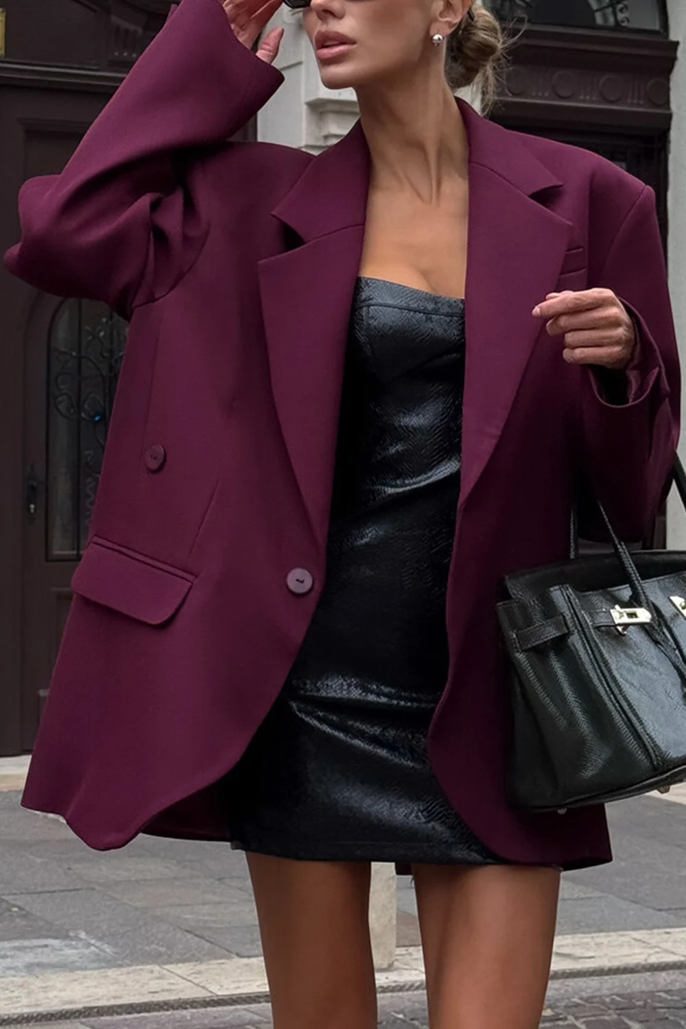 Women's Burgundy Oversized Single-Breasted Blazer with Notched Lapel