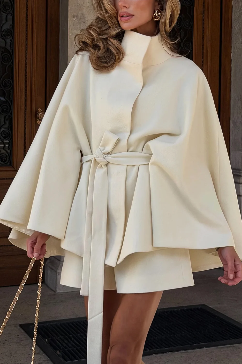 High Neck Belted Cape Coat and Shorts Two Piece Outfit Set