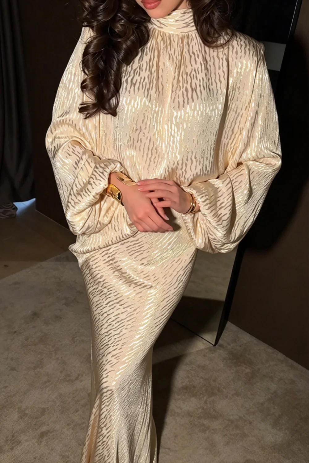 Champagne Gold Metallic High Neck Lantern Sleeve Evening Maxi Dress