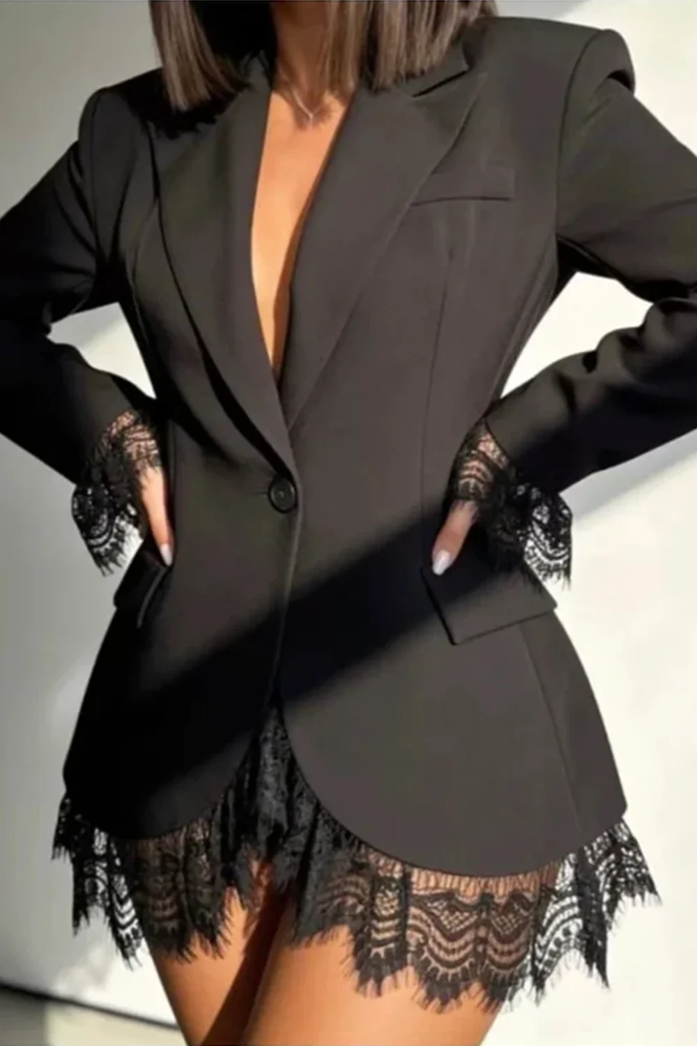 Women's Black Lace Trim Single Breasted Tailored Blazer Jacket