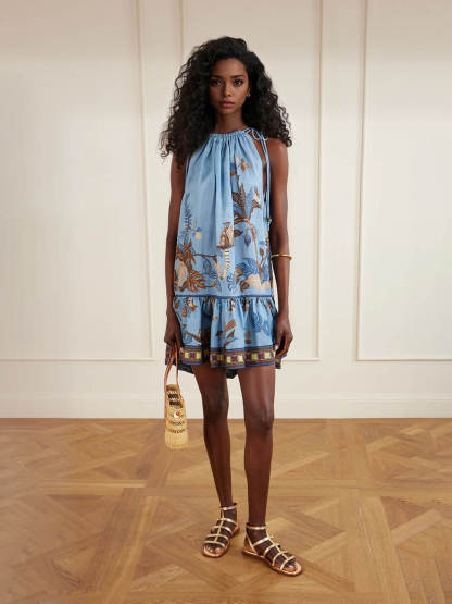 Unique Floral Print Linen Tiered Mini Dress