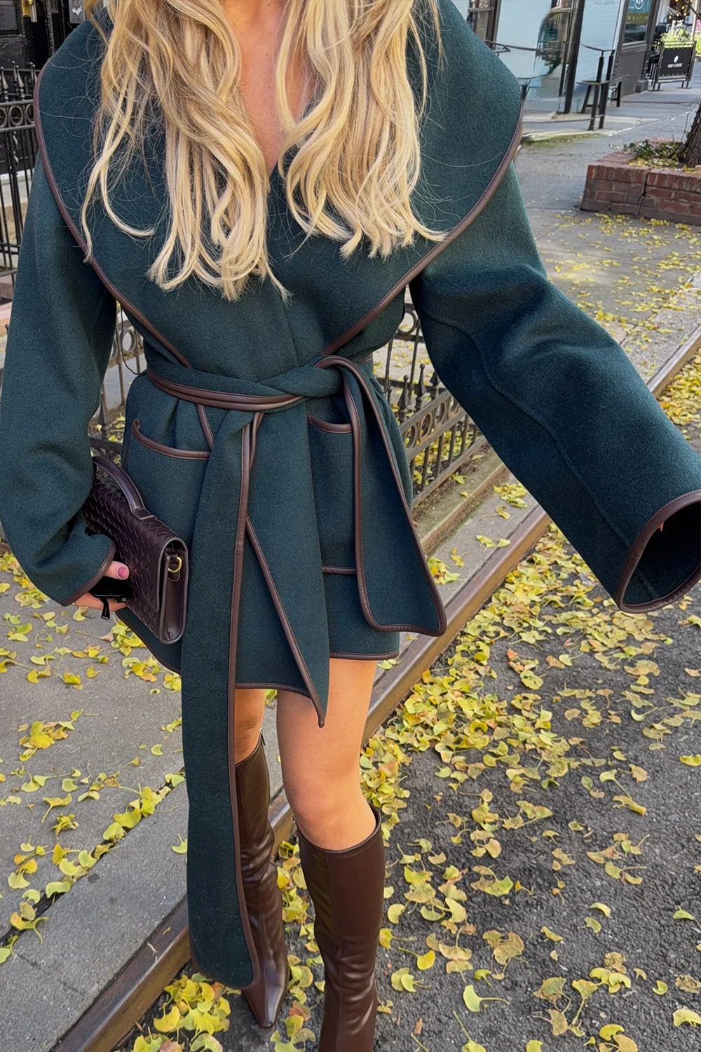 Women's Dark Green Belted Wrap Coat with Contrast Trim and Wide Sleeves [erp-image:da0b2b3e0b7bc69cbfbe8be2]