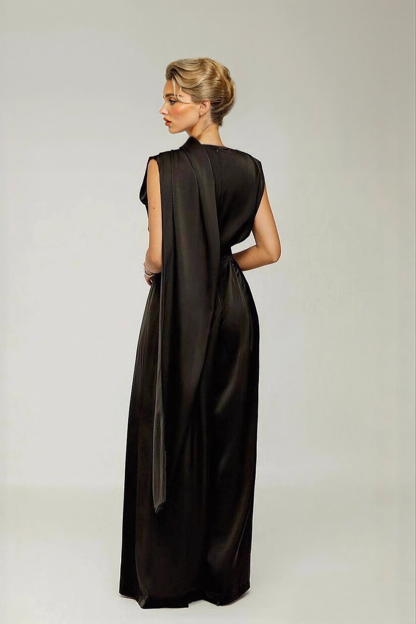 Exquisite Black Draped Pleated Loose Wide-Leg Jumpsuit