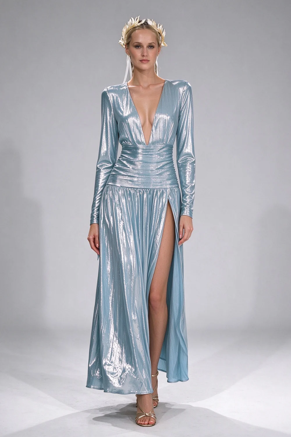 Metallic Light Blue Plunging V-Neck Long Sleeve High Slit Evening Maxi Dress [erp-image:0bf4047f5ecb1d162d5f5286]