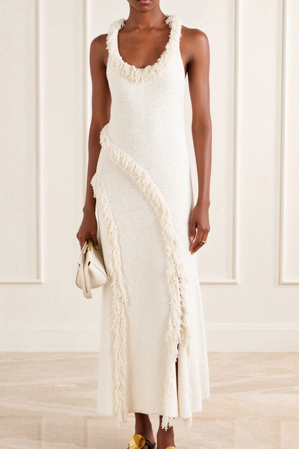 White Tweed Knit Scoop Neck Sleeveless Fringe Trim Slit Maxi Dress [erp-image:73b7162b8770b92d951b4932]