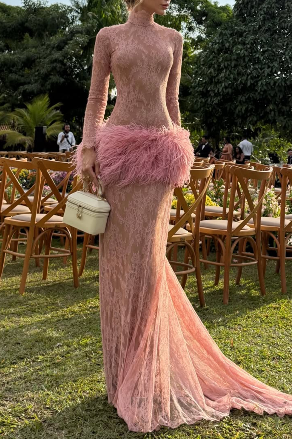 Lace Long Sleeve Feather Trim Maxi Evening Dress