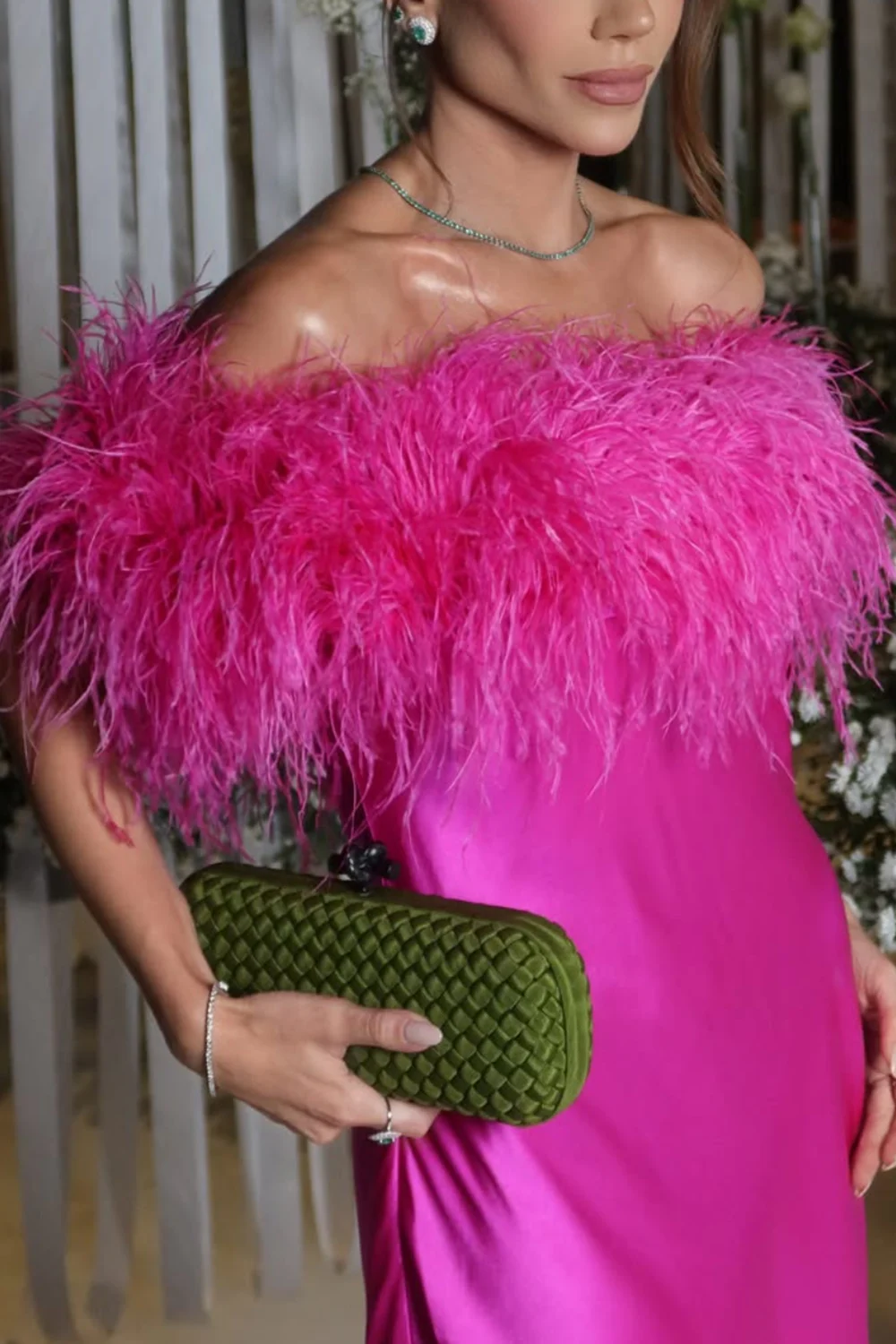 Hot Pink Feather Trim Off-the-Shoulder Satin Column Maxi Dress [erp-image:2064c6500f2d35a075e80132]