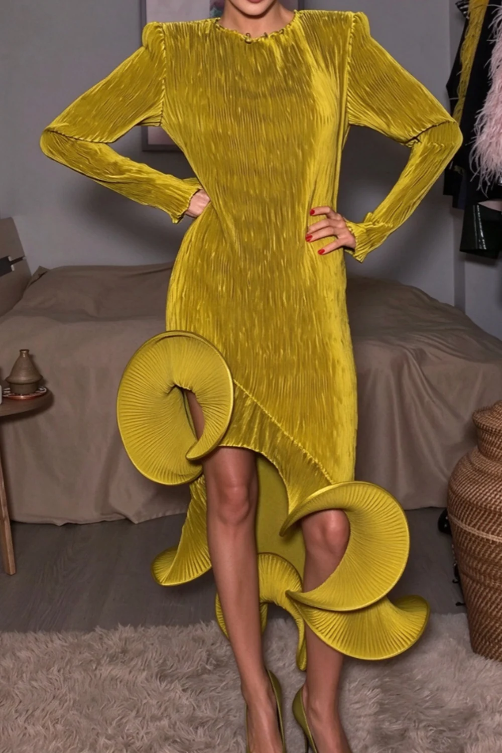 Long Sleeve Pleated High Low Dress with Sculptural Ruffle Hem [erp-image:a6bd24b8c52c846e9ad072b2]