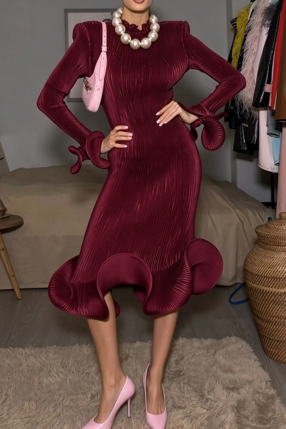 Burgundy Pleated High Neck Long Sleeve Fluted Cuff Maxi Dress [erp-image:c7668db6815ccd93412c8d38]