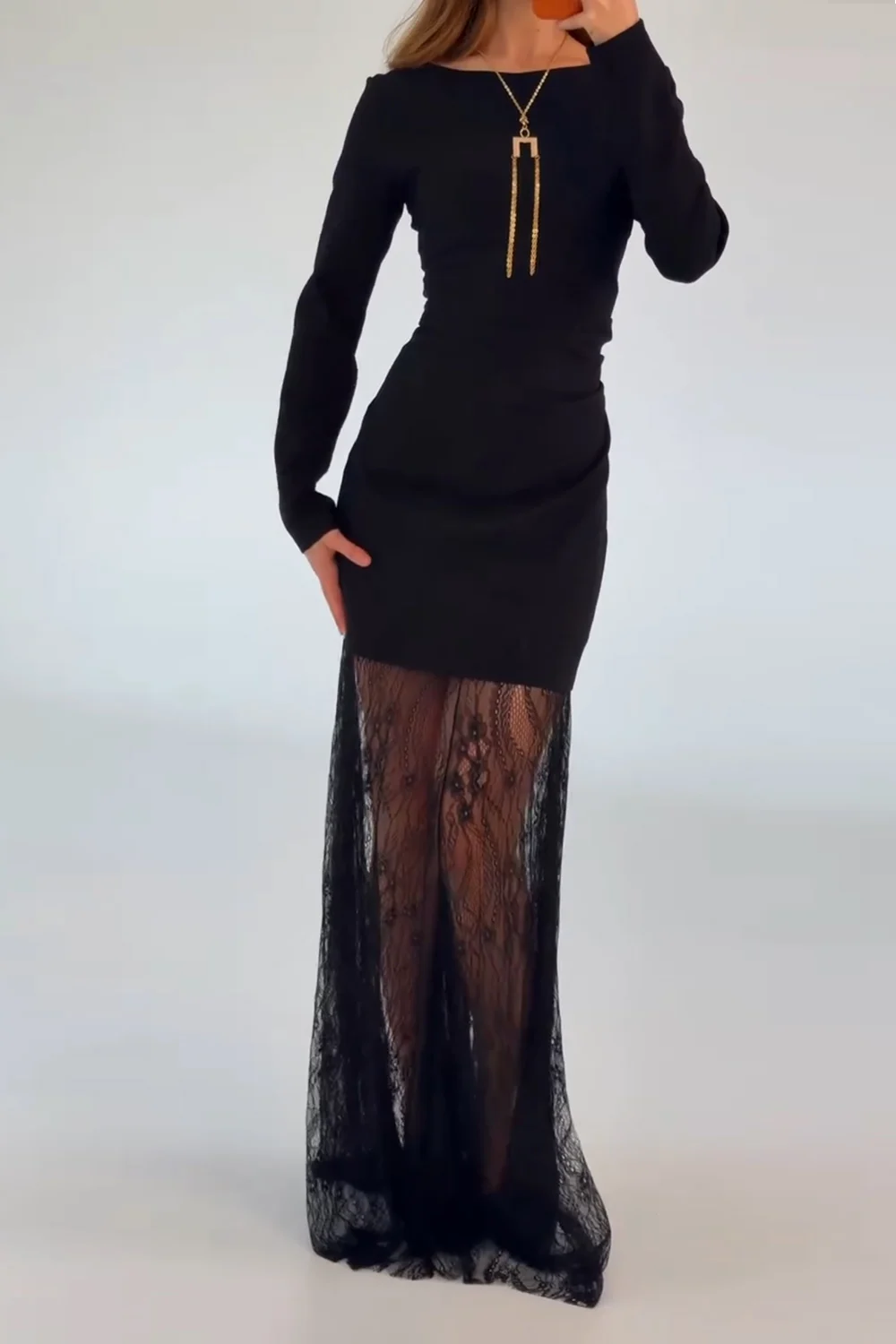 Black Long Sleeve Boat Neck Bodycon Maxi Dress with Sheer Lace Hem [erp-image:333491767d39e568d8c04d1f]