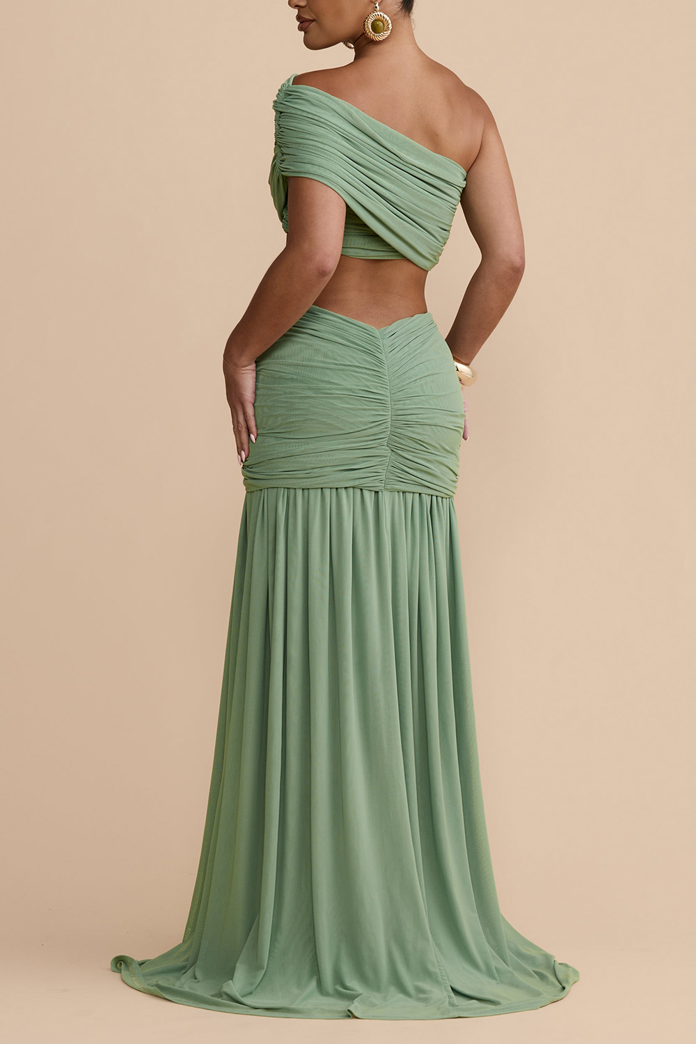 Women Ruched Mesh Off Shoulder Crop Top And Maxi Skirt Set