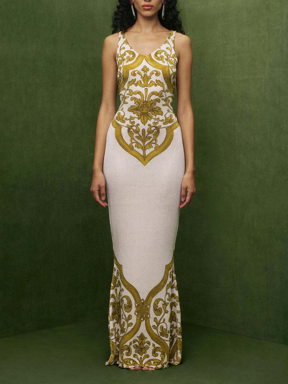 Extraordinary Elegance Symmetrical Unique Print Stretch Fishtail Maxi Dress