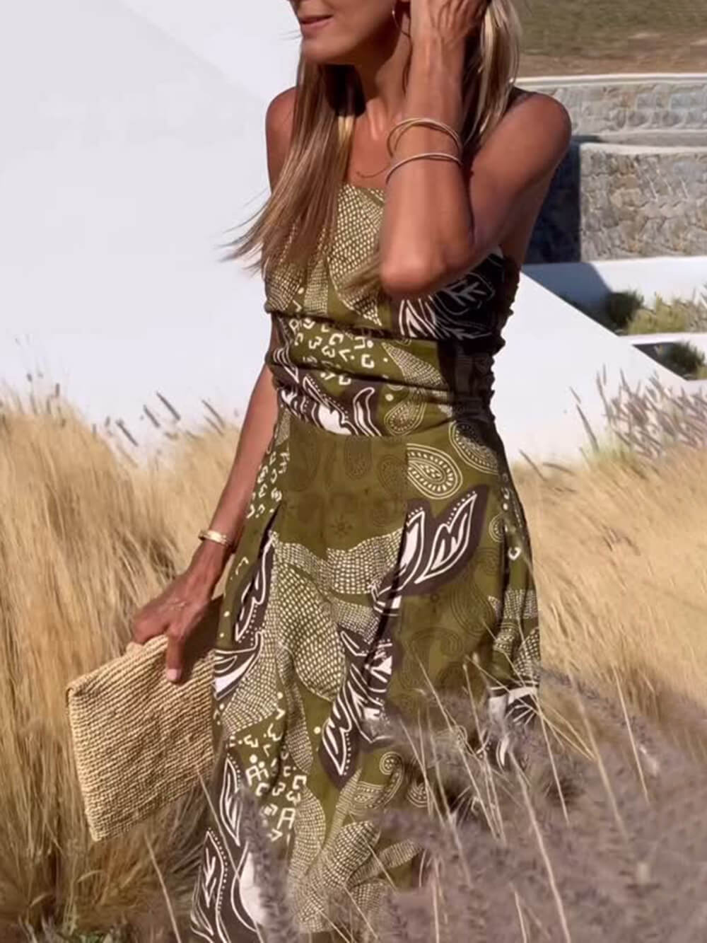 Unique Bandeau Print Strapless Pleated Linen Loose Fit Jumpsuit